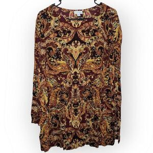 J. Jill Women's Pinot Baroque Paisley Print Boat-Neck Long Sleeve Tunic Top size